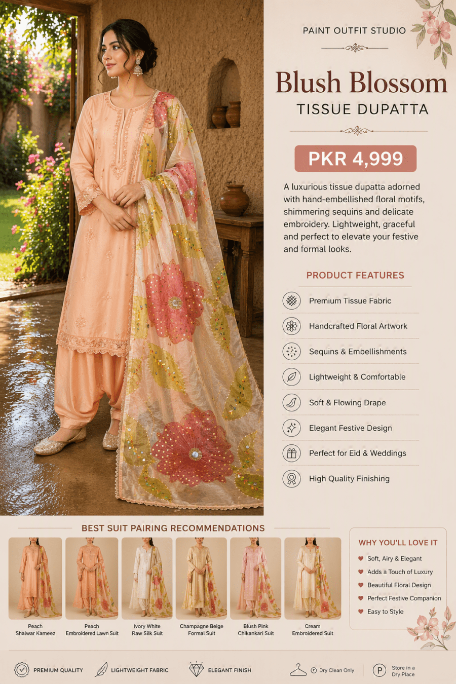 Blush Blossom Premium Tissue Dupatta