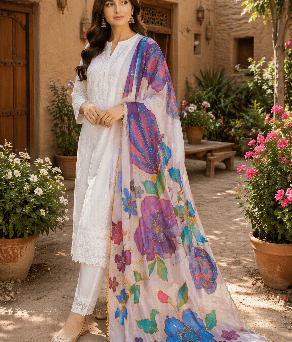 Online Dupatta Noor-e-Rang Hand-Painted Floral Crinkle Dupatta