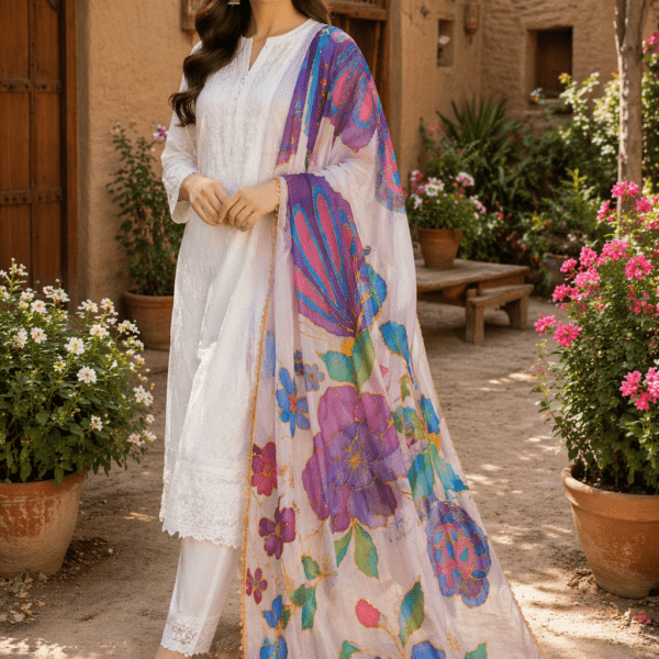 Online Dupatta Noor-e-Rang Hand-Painted Floral Crinkle Dupatta