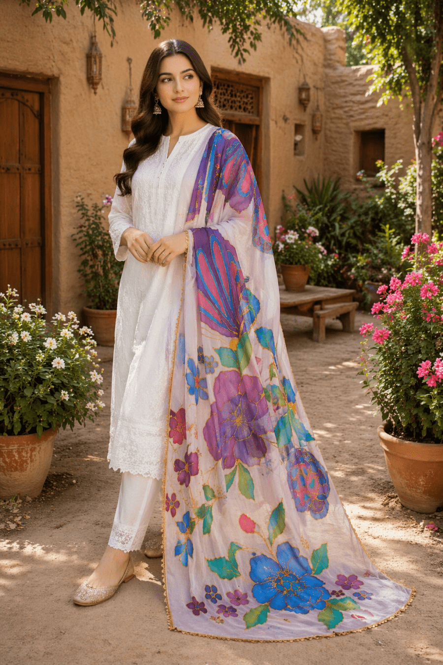 Online Dupatta Noor-e-Rang Hand-Painted Floral Crinkle Dupatta