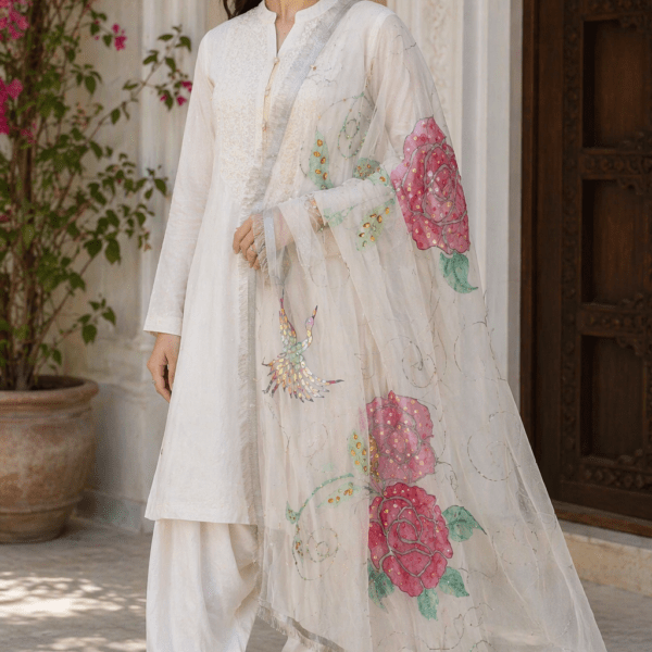 Dupatta Elegant White Designer Floral Dupatta
