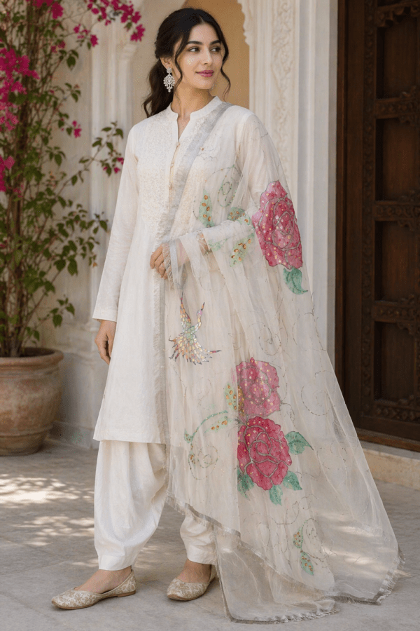 Dupatta Elegant White Designer Floral Dupatta