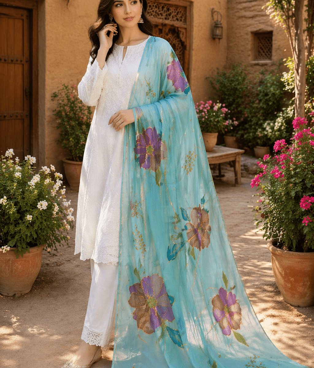 Online Dupatta Noor-e-Bahar Hand-Painted Crinkle Chiffon Dupatta