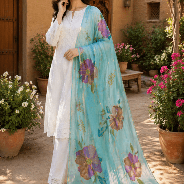 Online Dupatta Noor-e-Bahar Hand-Painted Crinkle Chiffon Dupatta