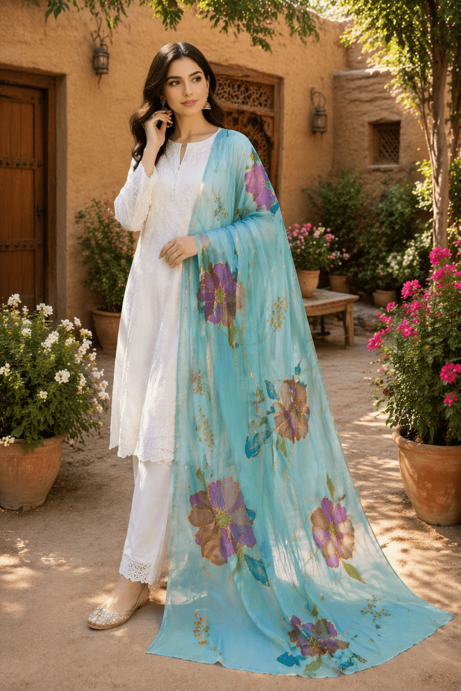 Online Dupatta Noor-e-Bahar Hand-Painted Crinkle Chiffon Dupatta