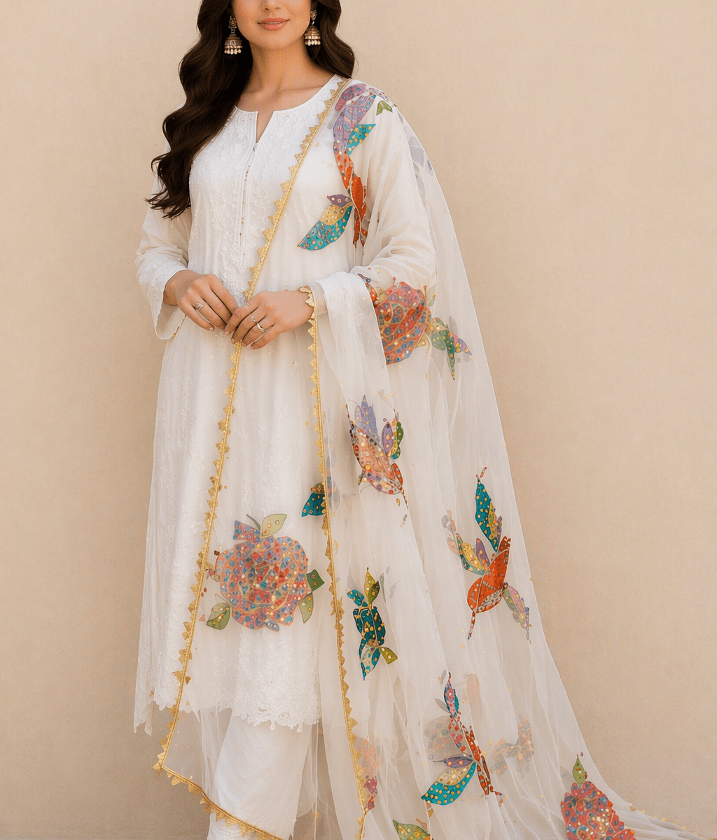 Noor-e-Gul Luxury Organza Dupatta – White Floral Edition