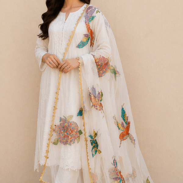 Noor-e-Gul Luxury Organza Dupatta – White Floral Edition