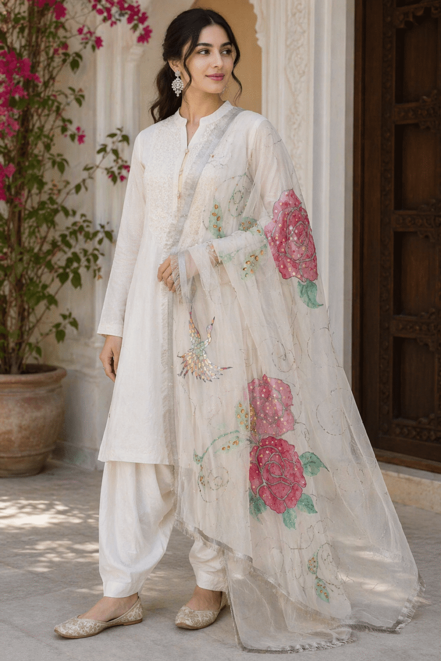 Dupatta Elegant White Designer Floral Dupatta