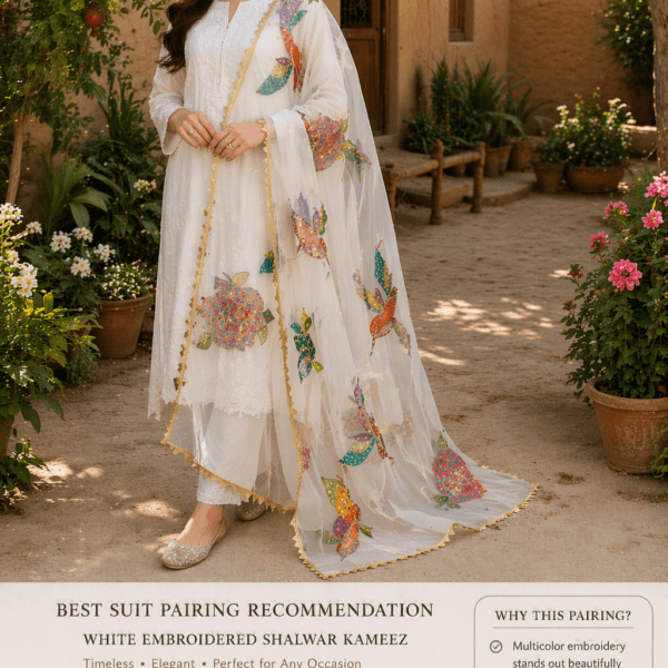 Designer (26) Noor-e-Gul Luxury Organza Dupatta – White Floral Edition
