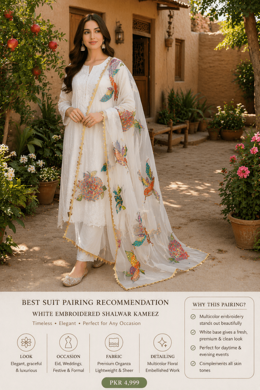 Designer (26) Noor-e-Gul Luxury Organza Dupatta – White Floral Edition