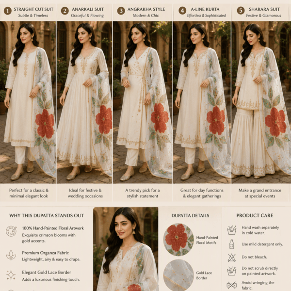 Crimson Bloom Hand-Painted Dupatta