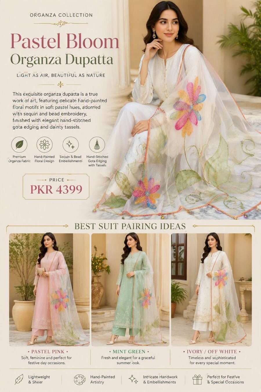 Online Dupatta Pastel Bloom Hand-Painted Organza Dupatta