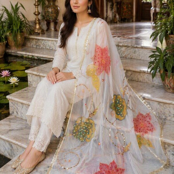 Blooming Bliss Hand-Painted Organza Dupatta