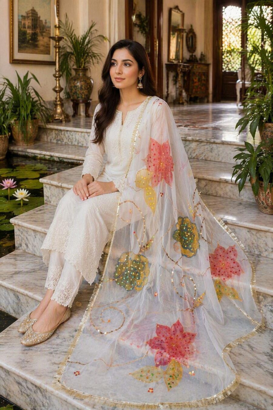 Blooming Bliss Hand-Painted Organza Dupatta