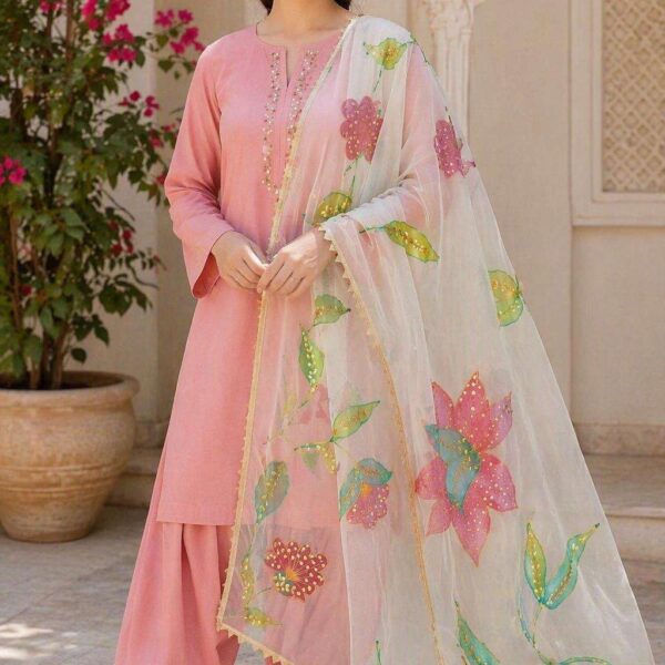 Dupatta Hand-Painted Floral Organza Dupatta