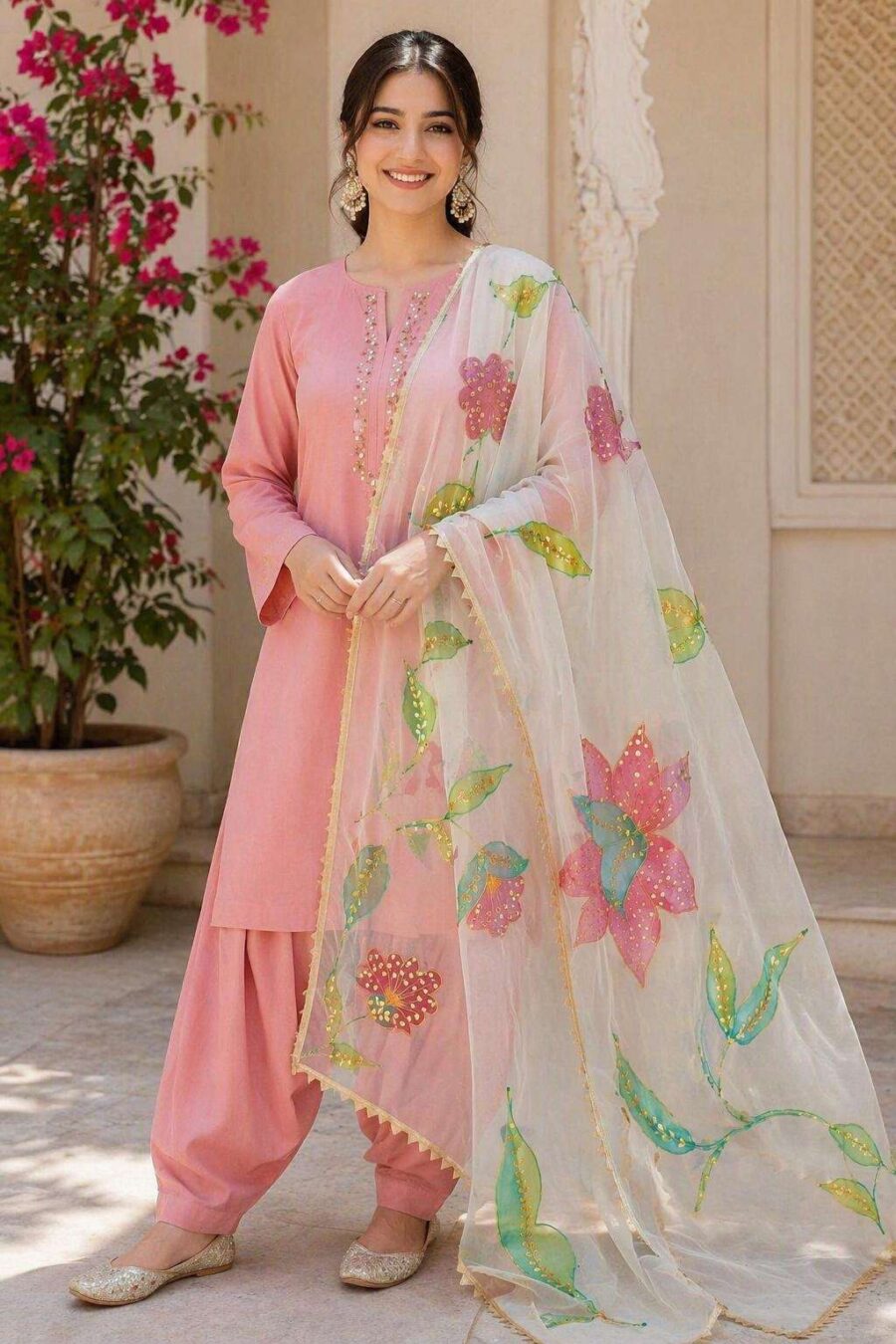 Dupatta Hand-Painted Floral Organza Dupatta