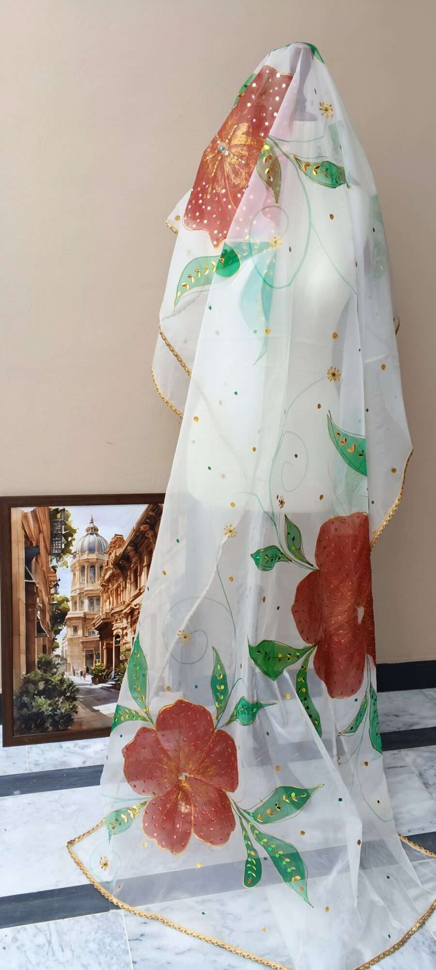 Crimson Bloom Hand-Painted Dupatta