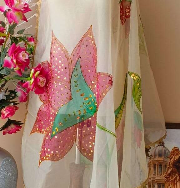 Dupatta-1 Hand-Painted Floral Organza Dupatta