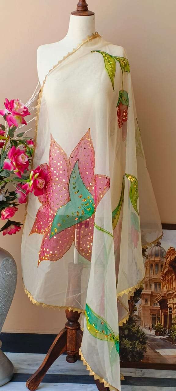 Dupatta-1 Hand-Painted Floral Organza Dupatta