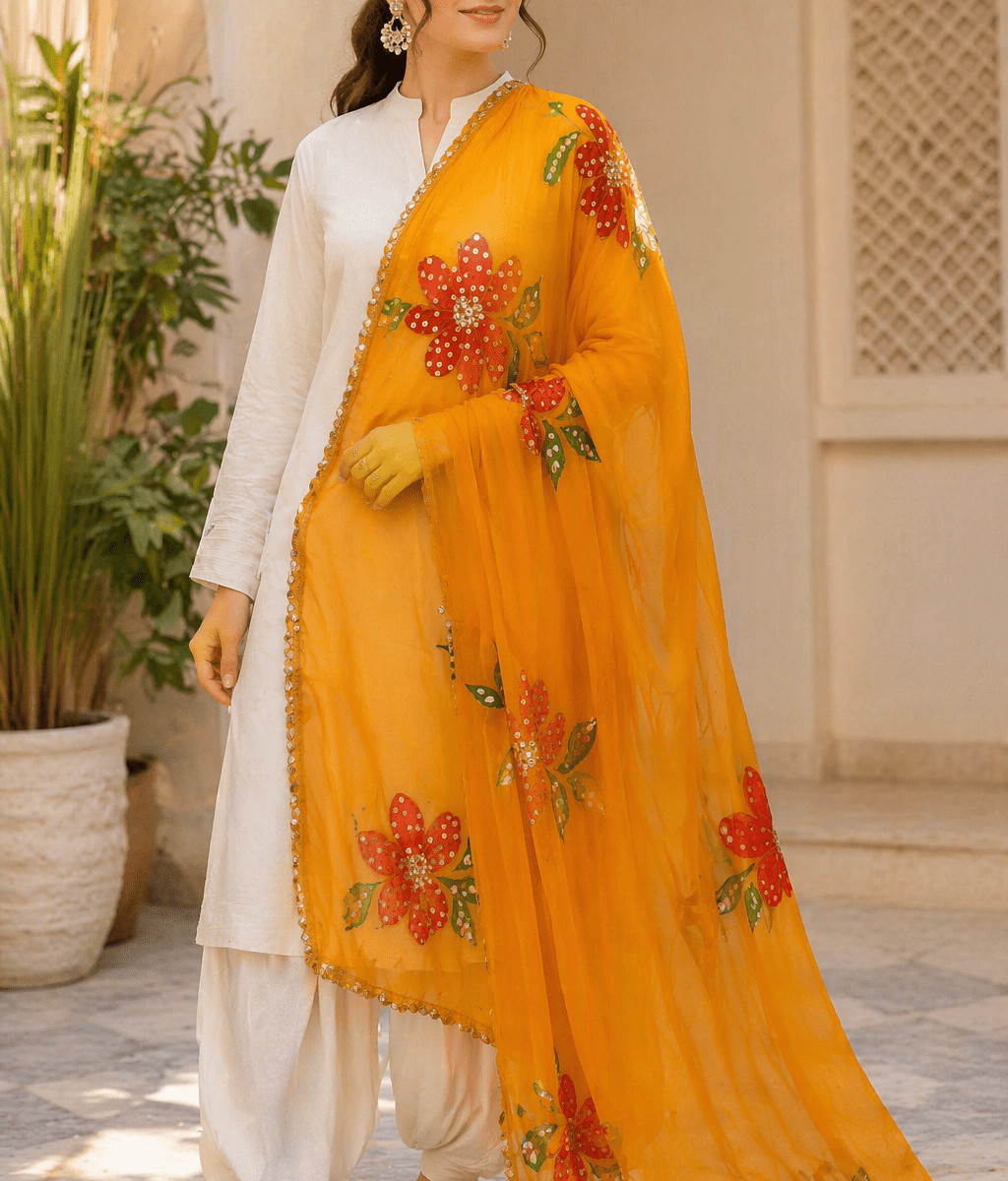 Dupatta Mustard Yellow Hand-Painted Dupatta