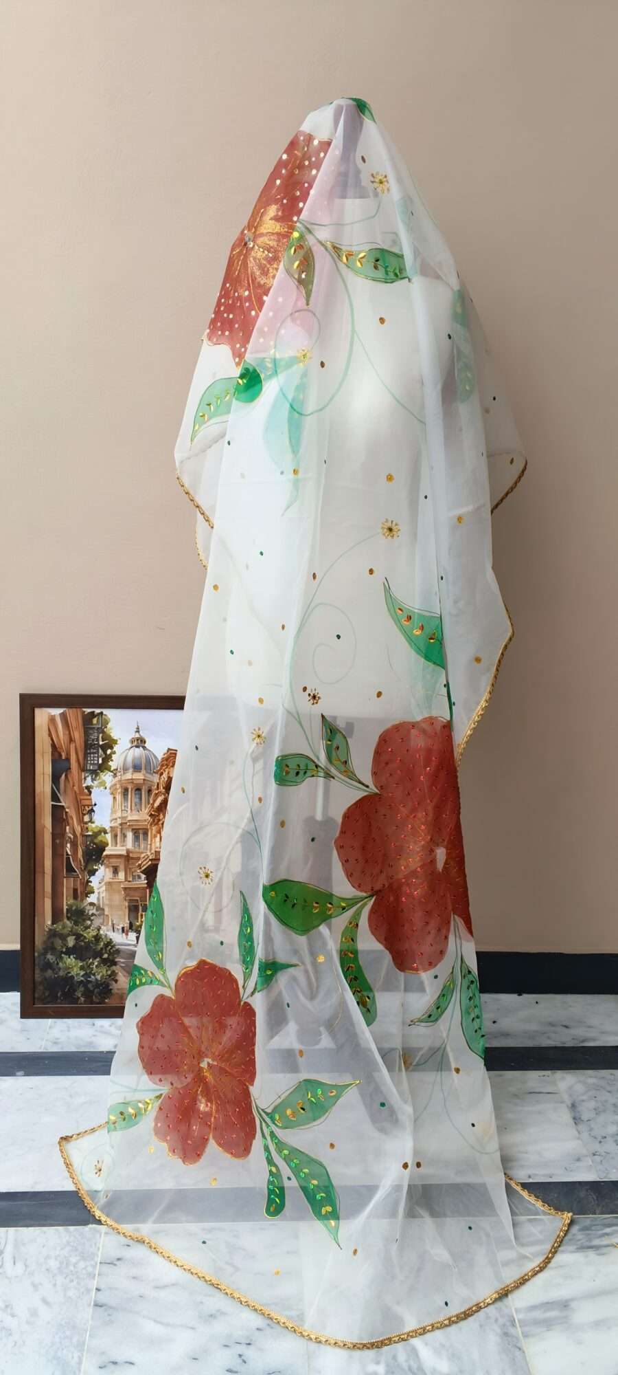Crimson Bloom Hand-Painted Dupatta