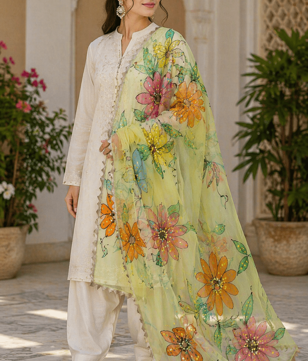 Hand-Painted Floral Art tissue Dupatta