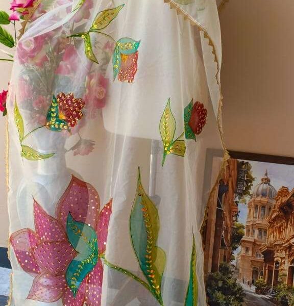 Dupatta-2 Hand-Painted Floral Organza Dupatta