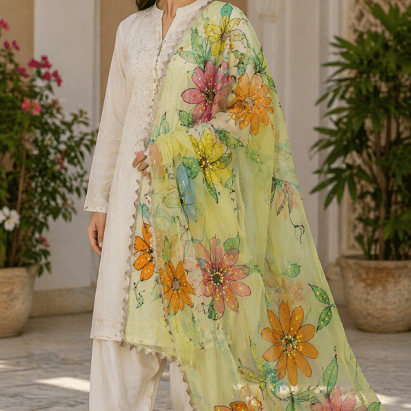 Dupatta Hand-Painted Floral Art tissue Dupatta