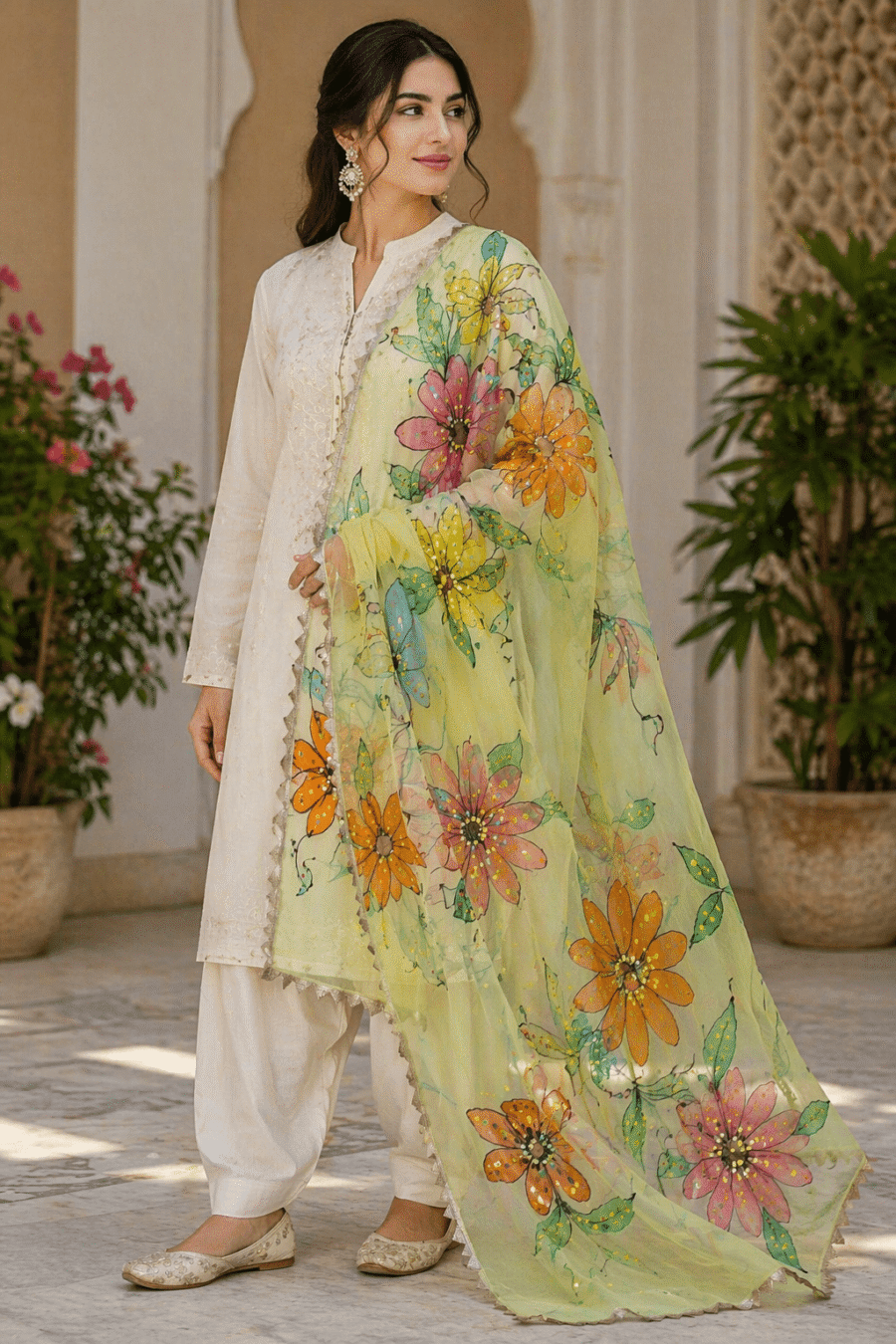 Hand-Painted Floral Art tissue Dupatta