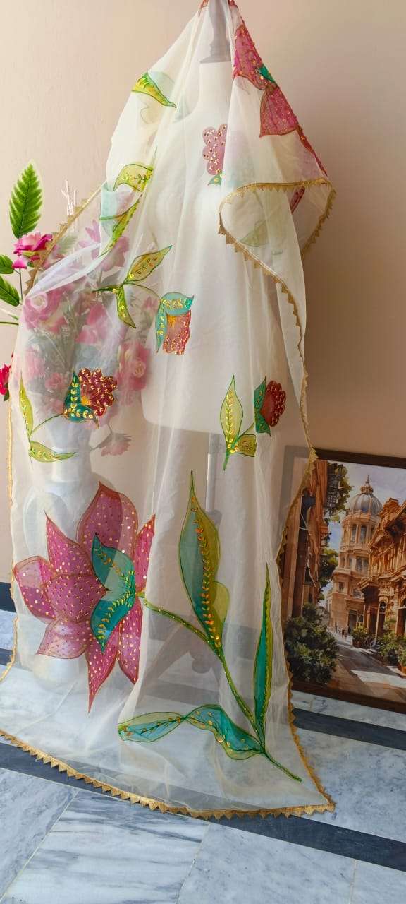 Dupatta-2 Hand-Painted Floral Organza Dupatta