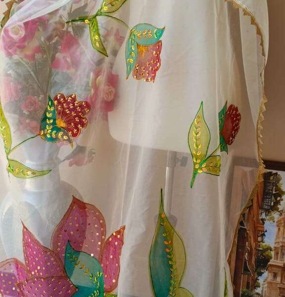 Dupatta-3 Hand-Painted Floral Organza Dupatta