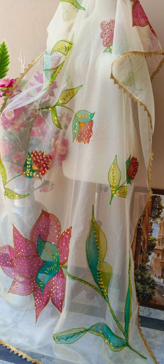 Dupatta-3 Hand-Painted Floral Organza Dupatta