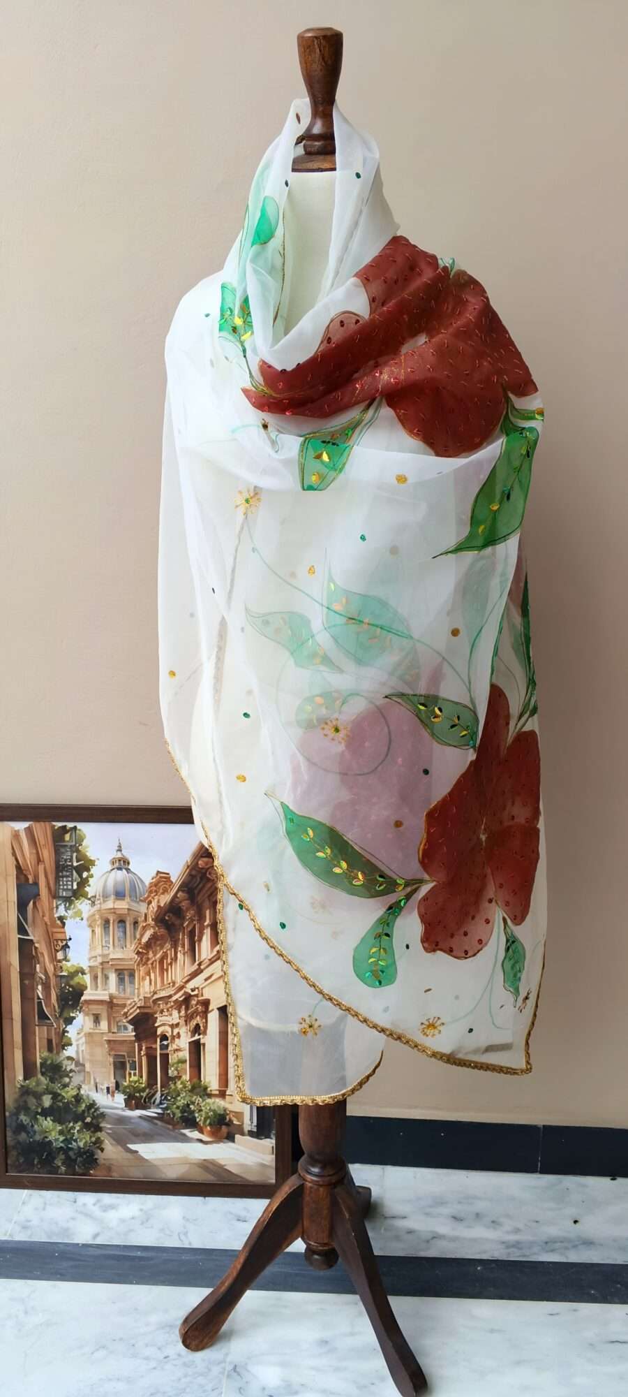 Crimson Bloom Hand-Painted Dupatta