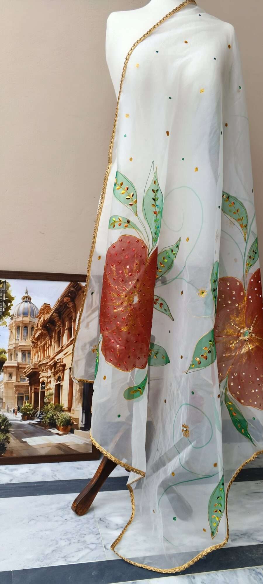 Crimson Bloom Hand-Painted Dupatta