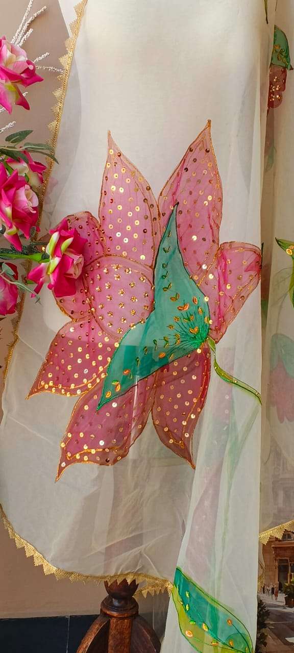Dupatta-5 Hand-Painted Floral Organza Dupatta
