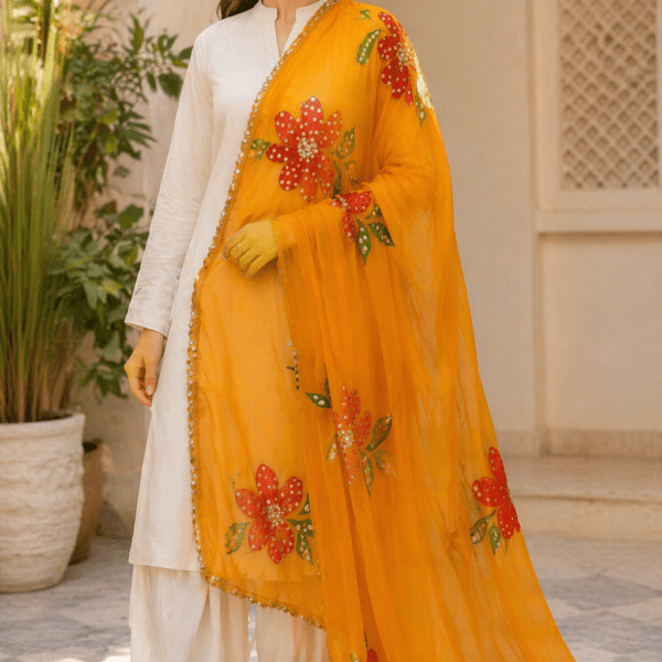 Mustard Yellow Hand-Painted Dupatta