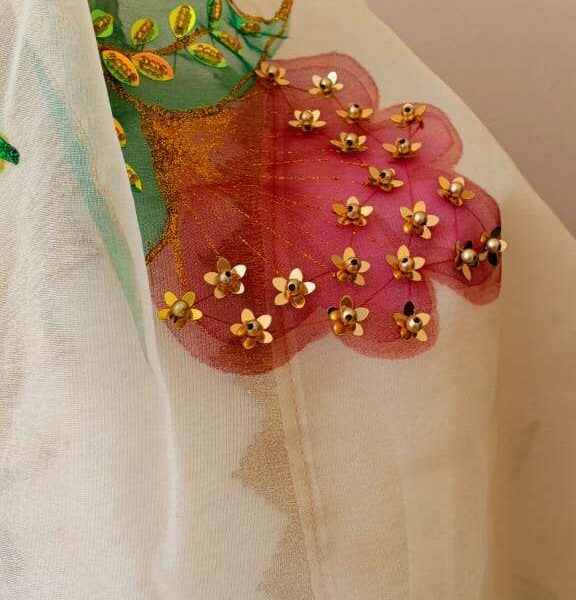 Dupatta-7 Hand-Painted Floral Organza Dupatta