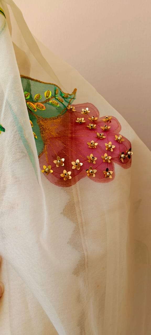 Dupatta-7 Hand-Painted Floral Organza Dupatta