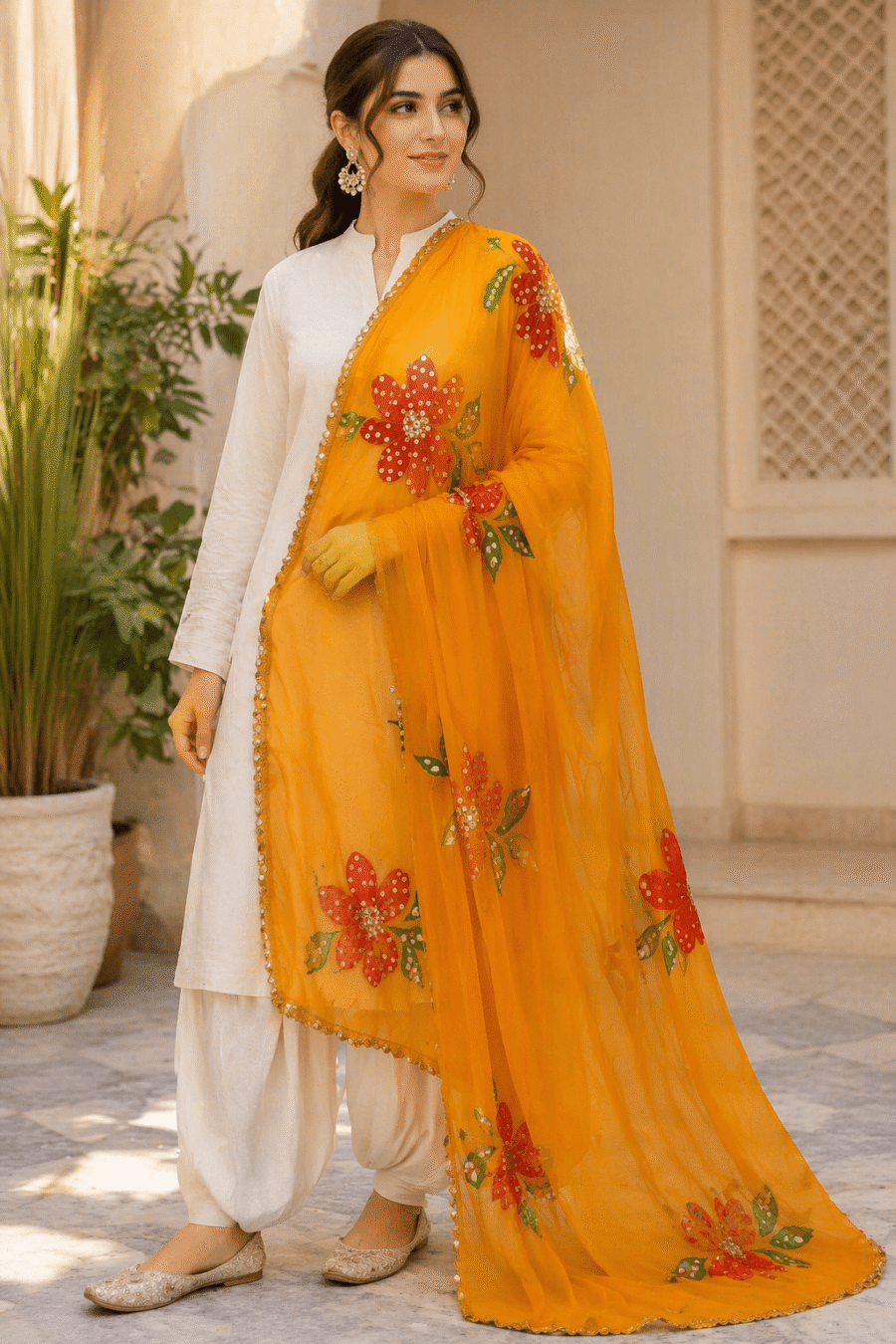 Mustard Yellow Hand-Painted Dupatta
