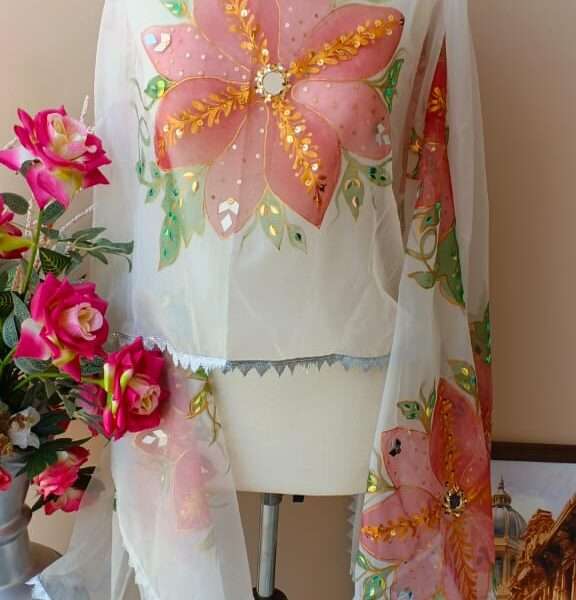 Hand-Painted Dupatta with Mirror & Sequin Work