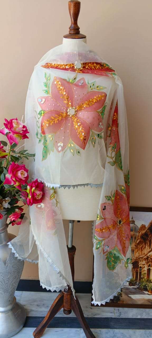 Hand-Painted Dupatta with Mirror & Sequin Work