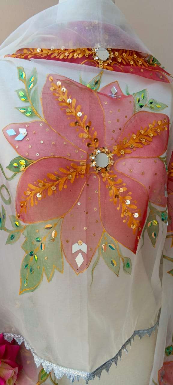 Hand-Painted Dupatta with Mirror & Sequin Work