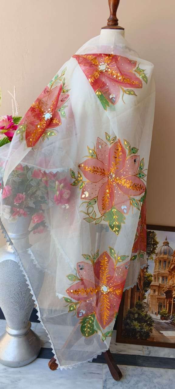 Hand-Painted Dupatta with Mirror & Sequin Work