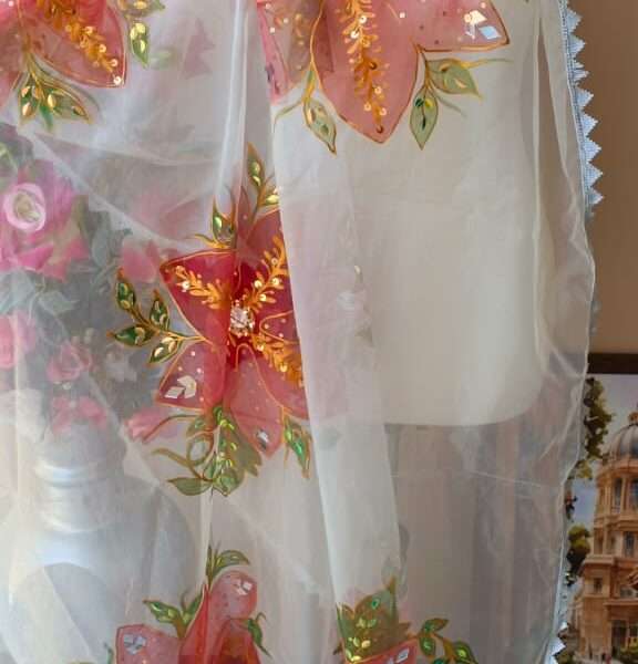 Hand-Painted Dupatta with Mirror & Sequin Work