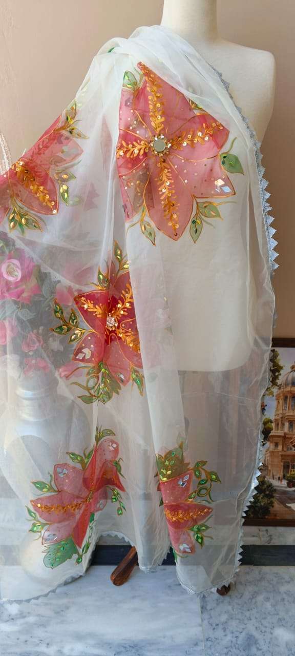 Hand-Painted Dupatta with Mirror & Sequin Work