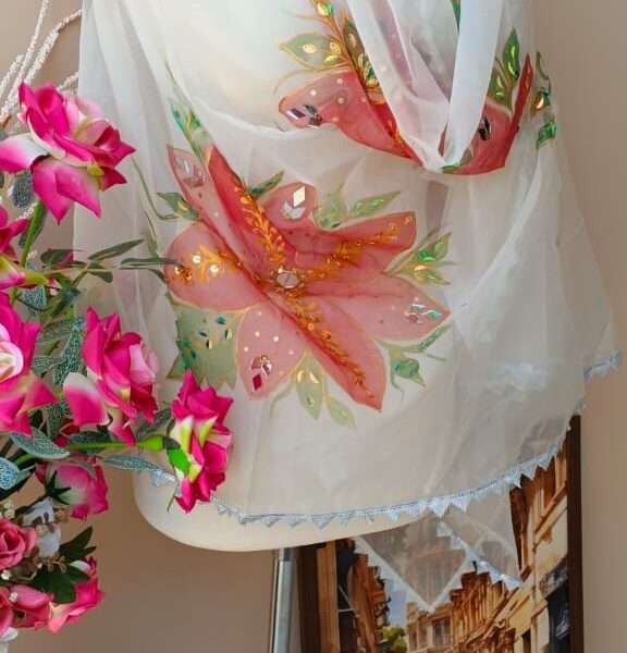 Hand-Painted Dupatta with Mirror & Sequin Work