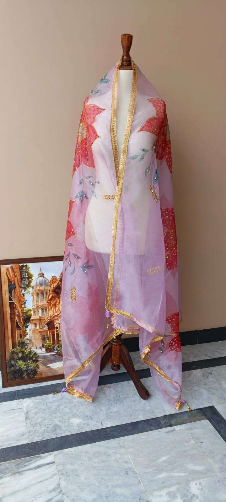 Dupatta Hand-Painted Lilac Organza Dupatta