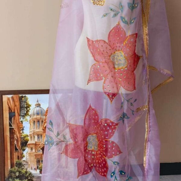 Dupatta Hand-Painted Lilac Organza Dupatta