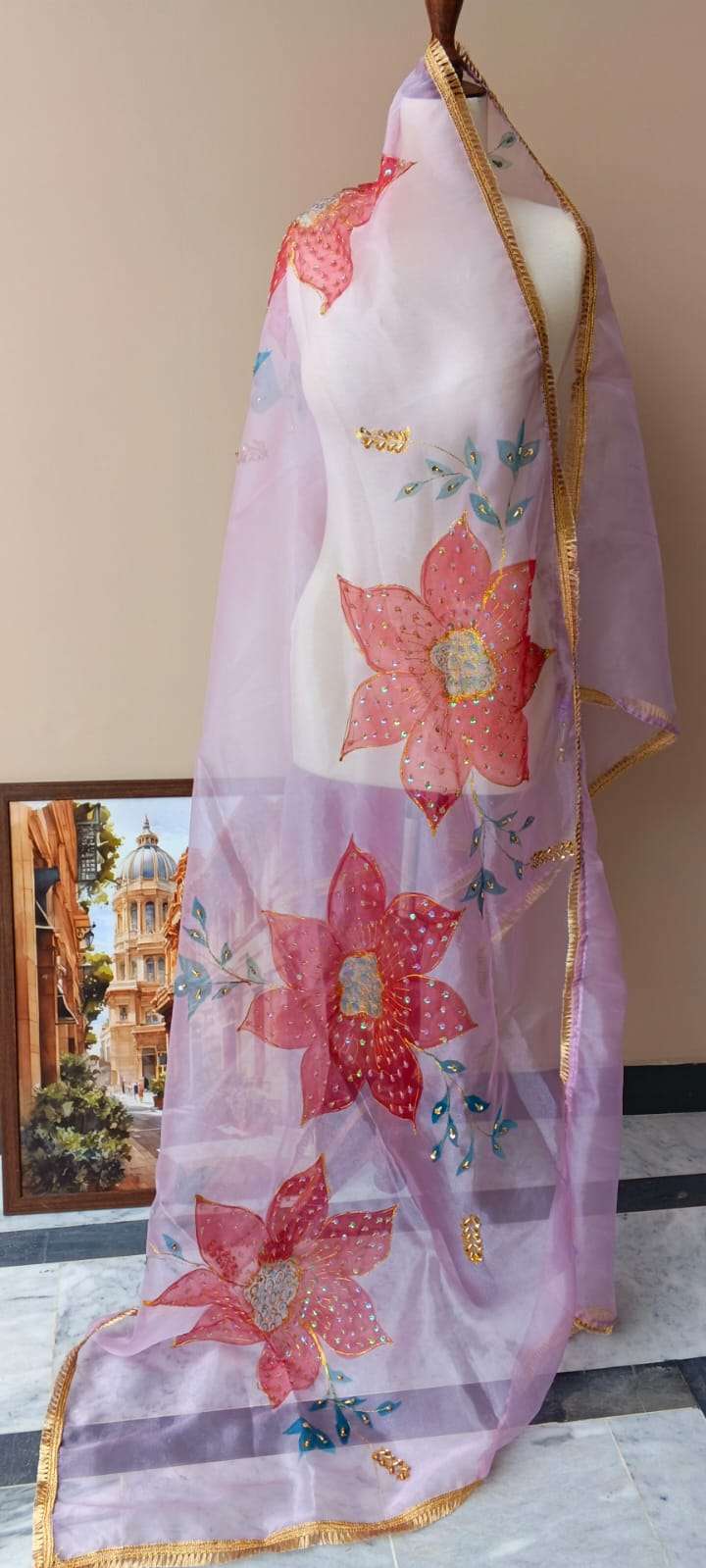 Dupatta Hand-Painted Lilac Organza Dupatta