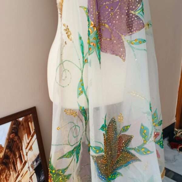 White Organza Dupatta with Multicolor Floral Design
